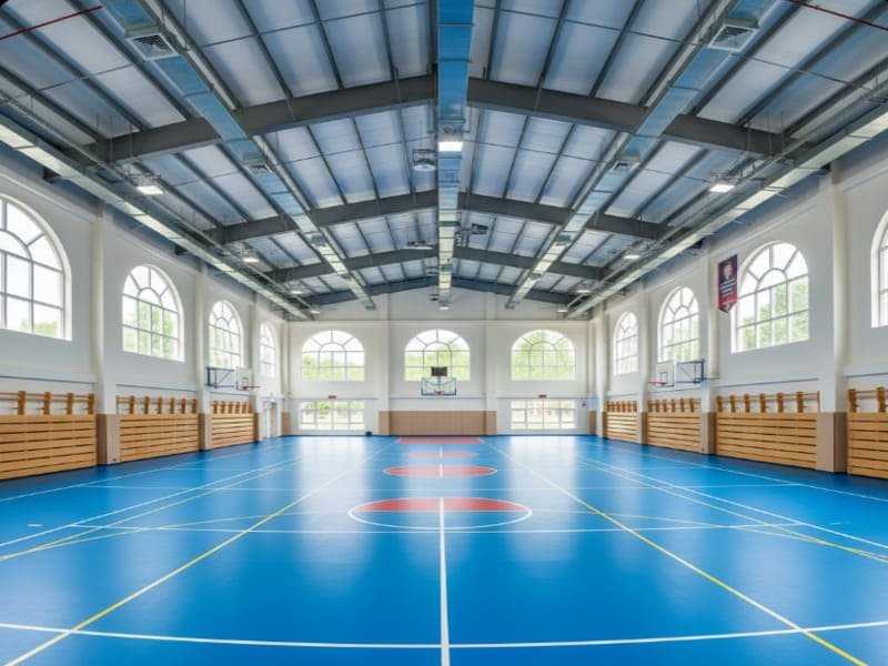 Janitor using auto scrubber on sports floor